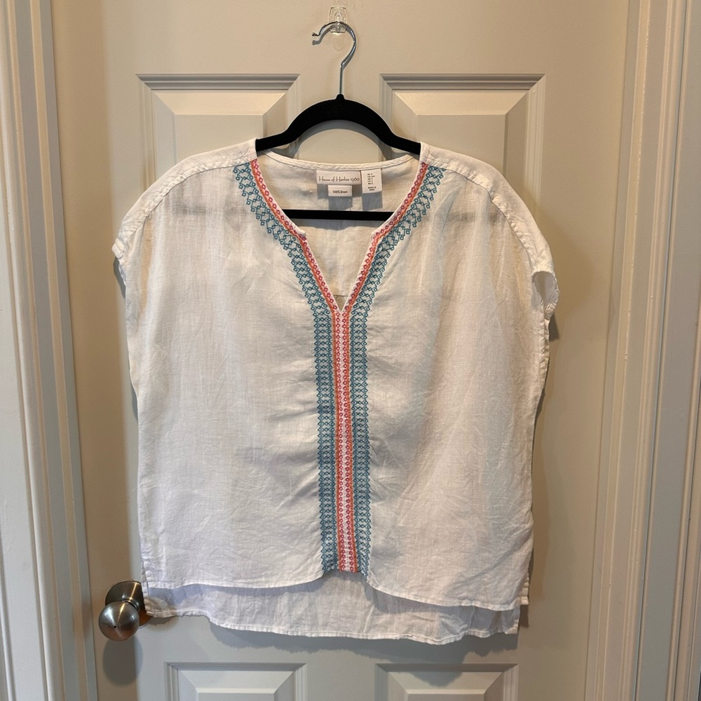 House of Harlow 100% Linen Embroidered Top Size Small Boho White Blouse
